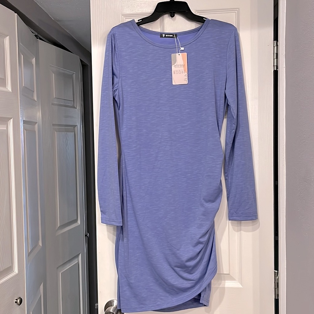 BTFBM long sleeves dress. Ruching on side. Some Stretch. Size M Blue lined.